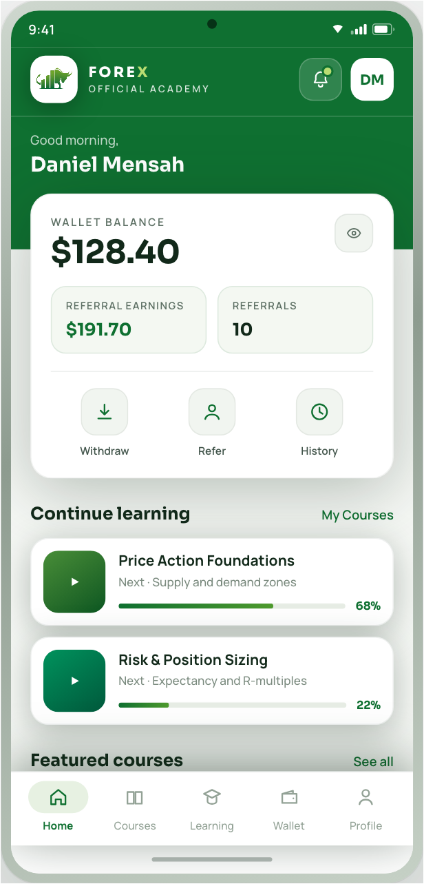 Forex Official University app — home screen with wallet balance, referral earnings and course progress